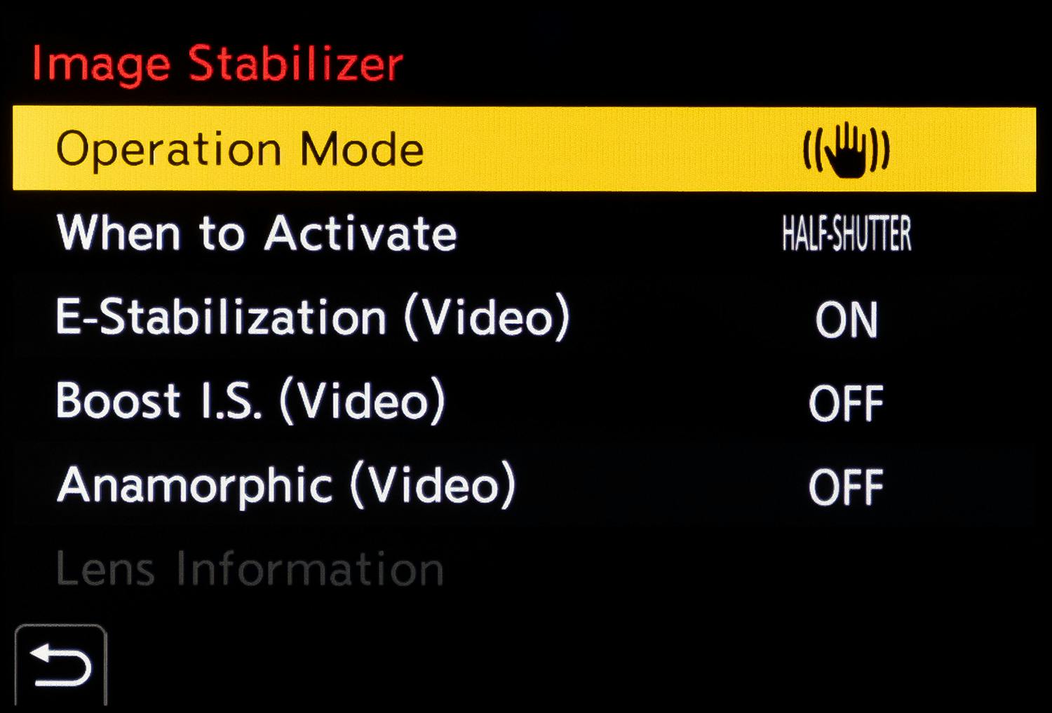 billedstabilisering menu Meny med innstillinger for bildestabilisering i kameraet
